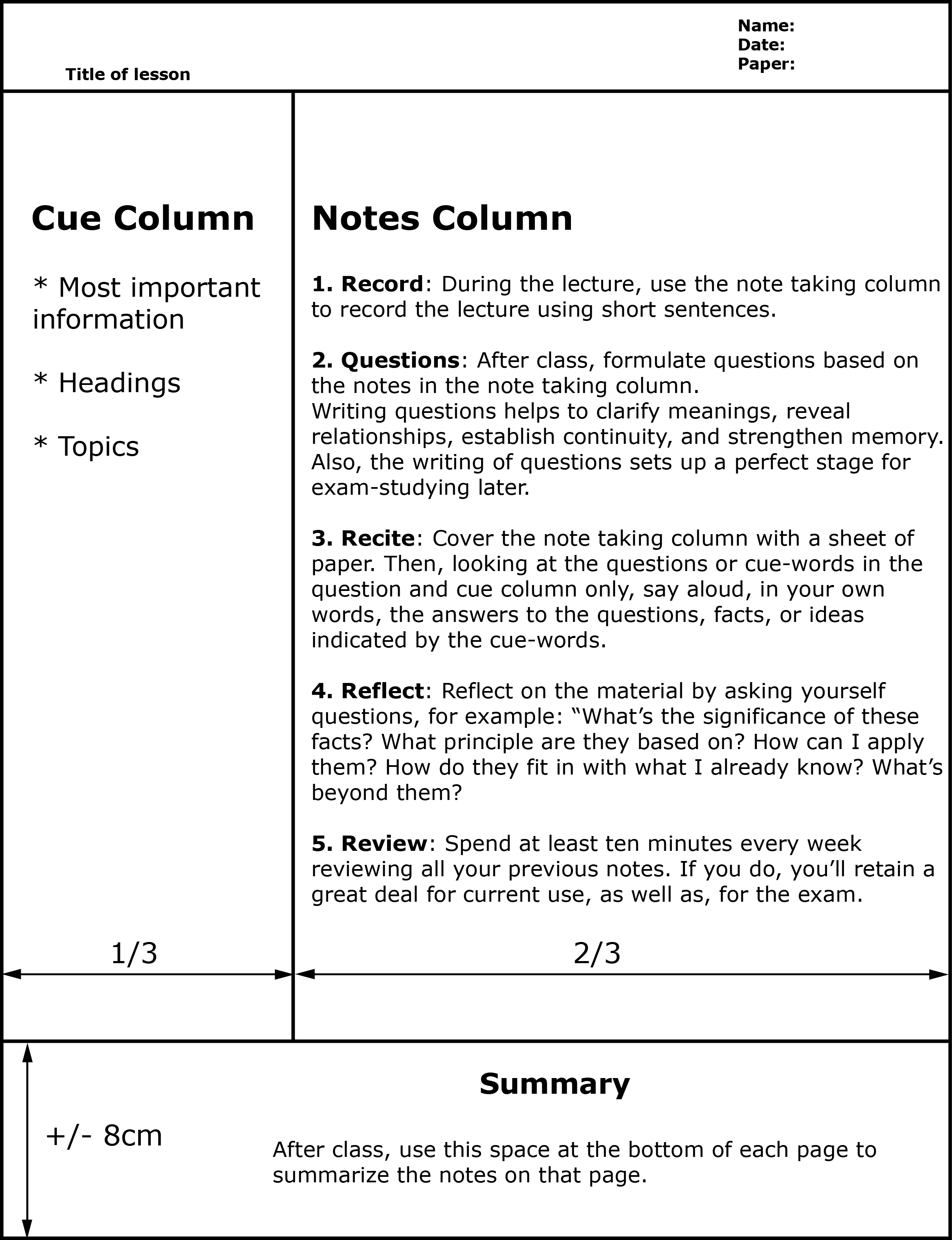 Cornell Note Taking Method Template